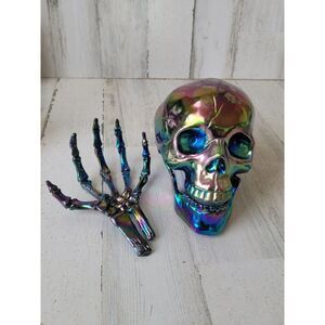 Halloween rainbow iridescent skull skeleton hand set prop decor